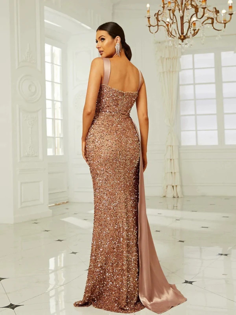 ZARA Sequin Halter Open Back Slit Evening Gown Elegant Hostess Dress